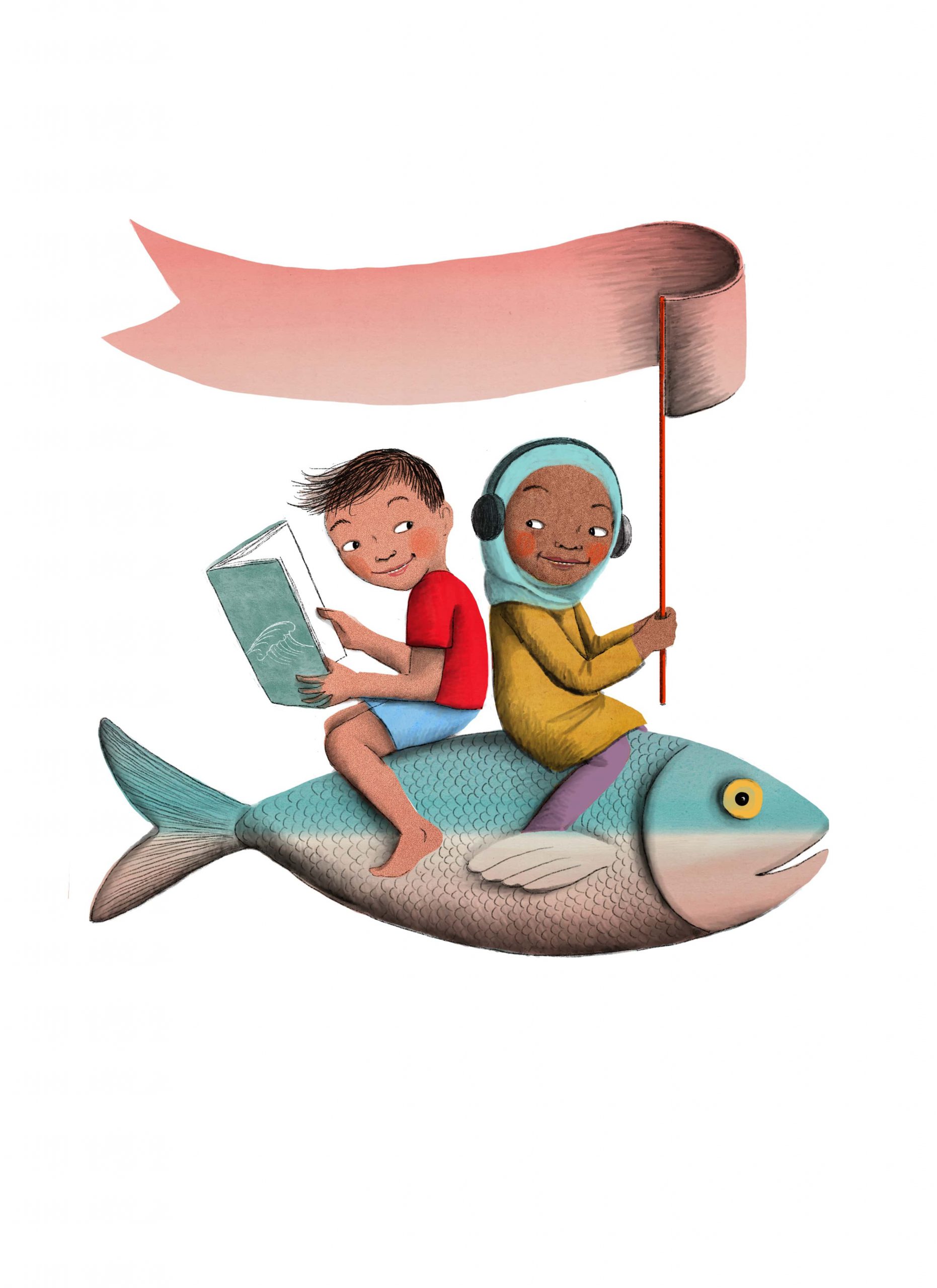 two children riding a fish, one reading a book, one listening with headphones