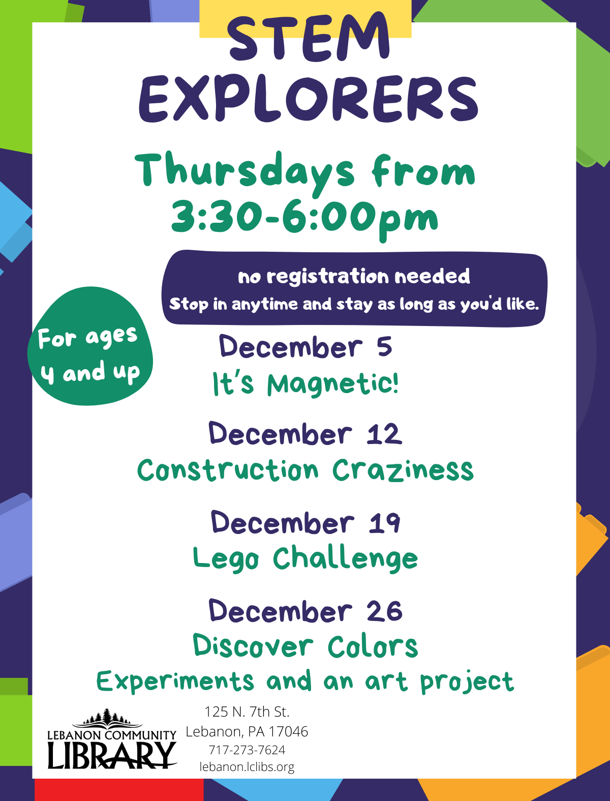 STEM Explorers Thursday afternoons in December.