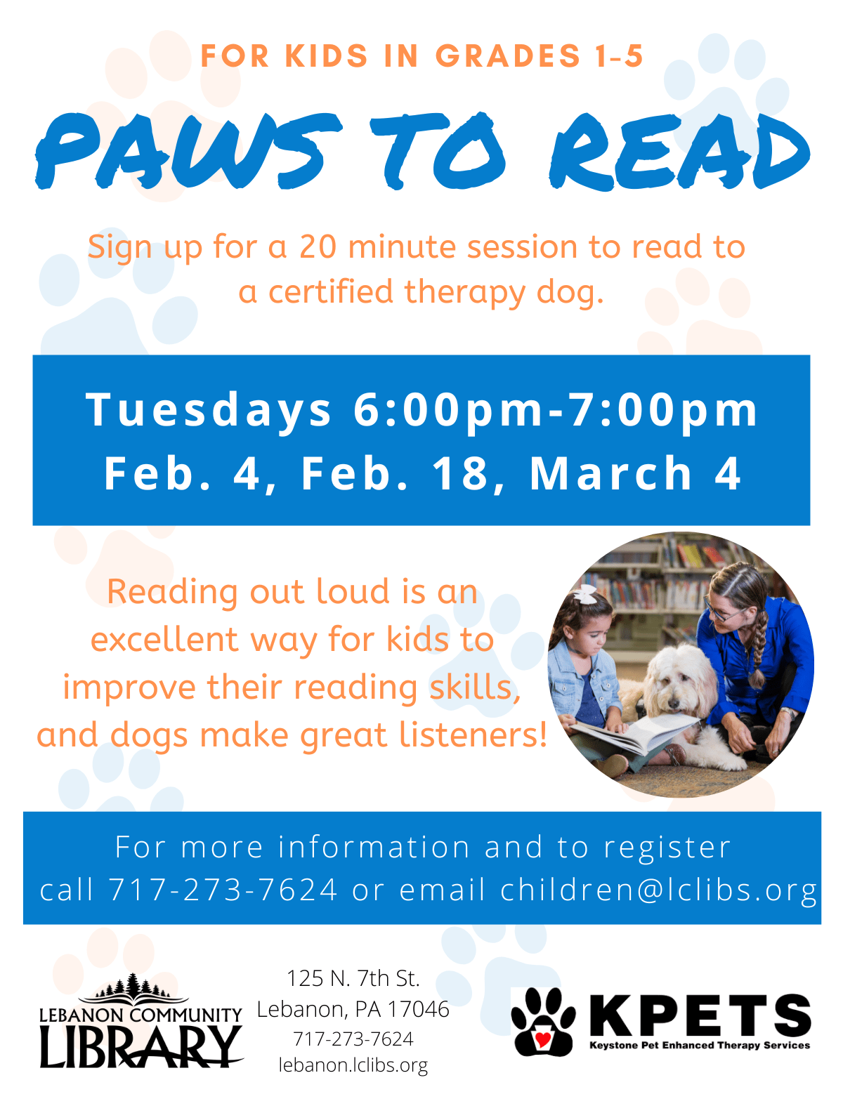 Paws to Read Tuesdays 6-7pm