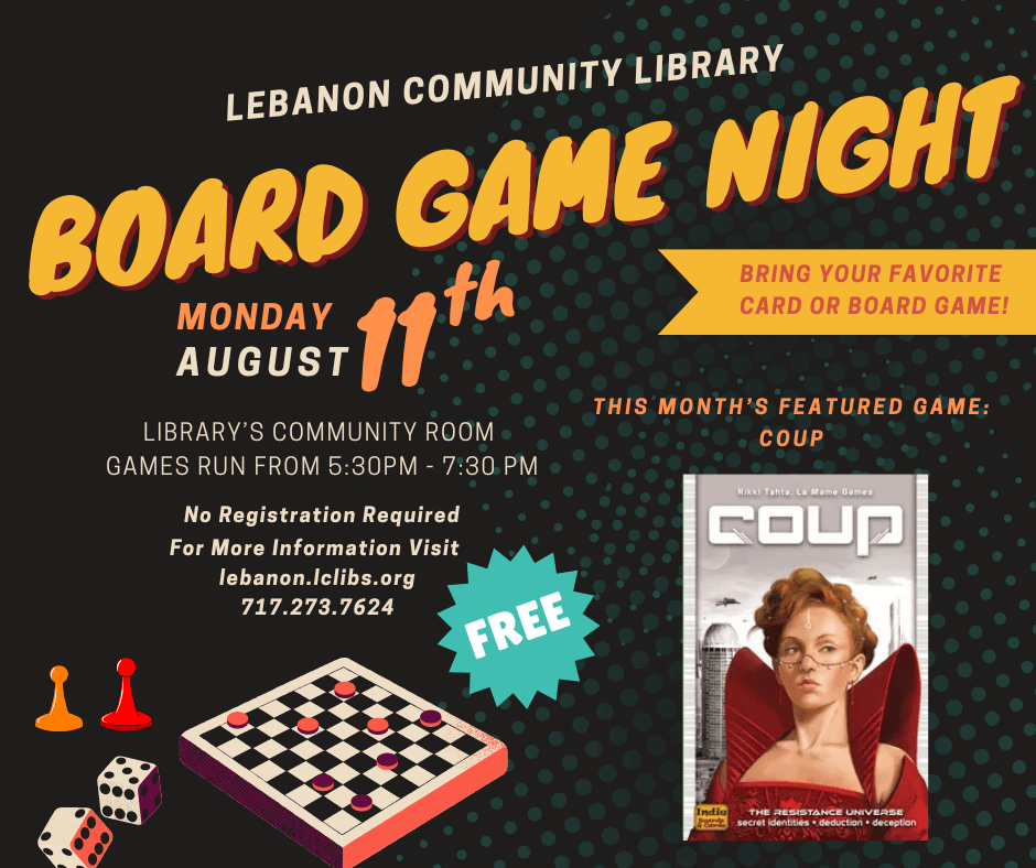 Board Game Night August 11 at 5:30pm