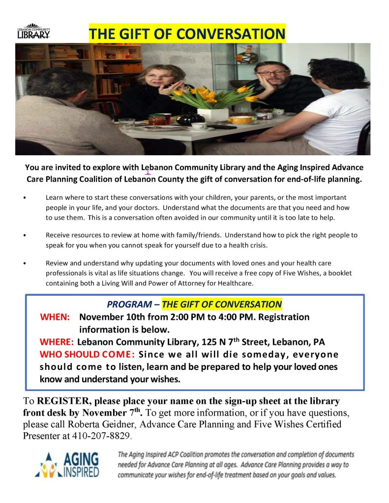 The gift of conversation program November 10 2-4pm