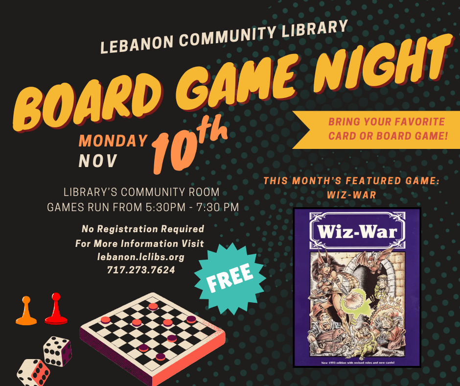 Board game night November 10th at 5:30pm