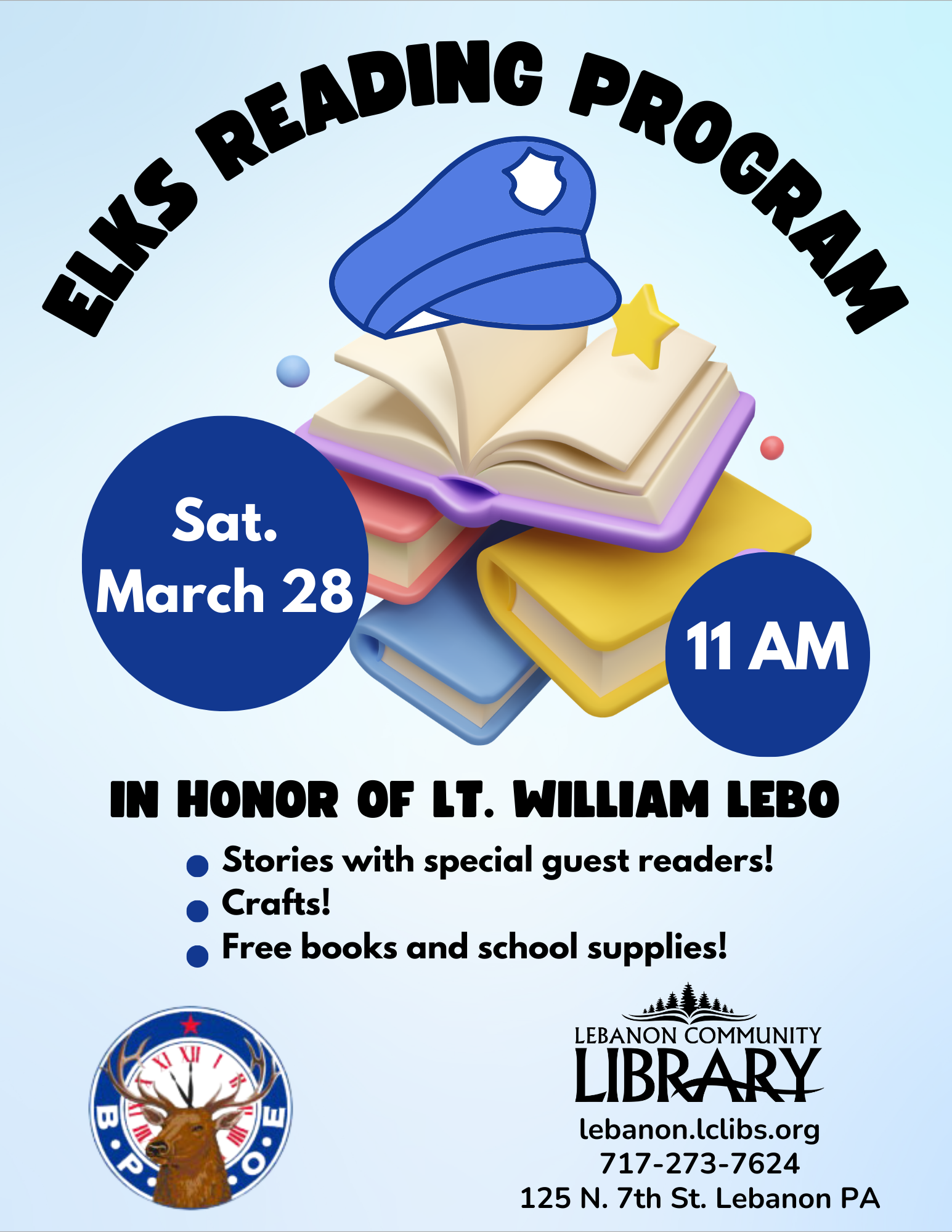 Elks Reading Program in honor of Lt. William Lebo March 28